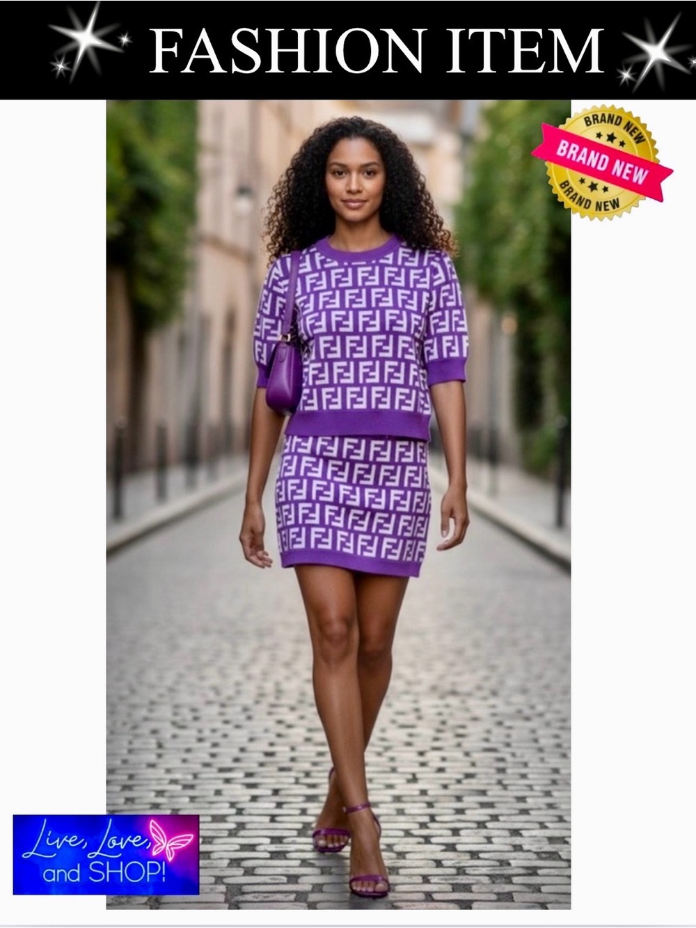 SWEATER SET: 2 Piece Purple & White Stretchy Knit w/Matching Skirt, NWOT